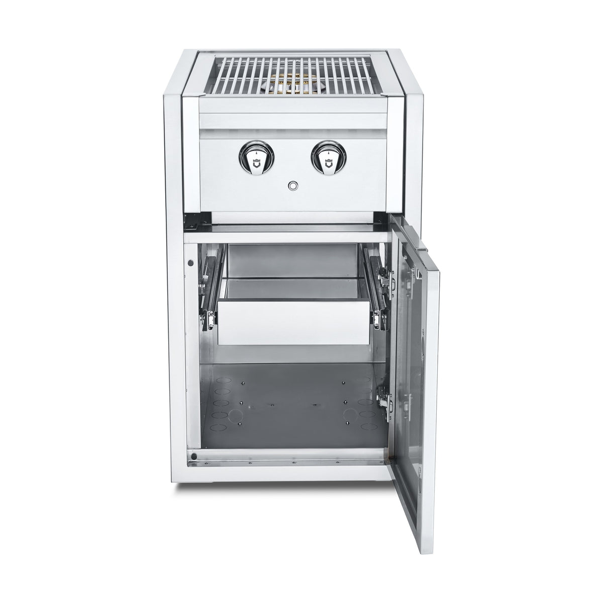 Crown Verity built-in side burner cabinet with single drawer, door open
