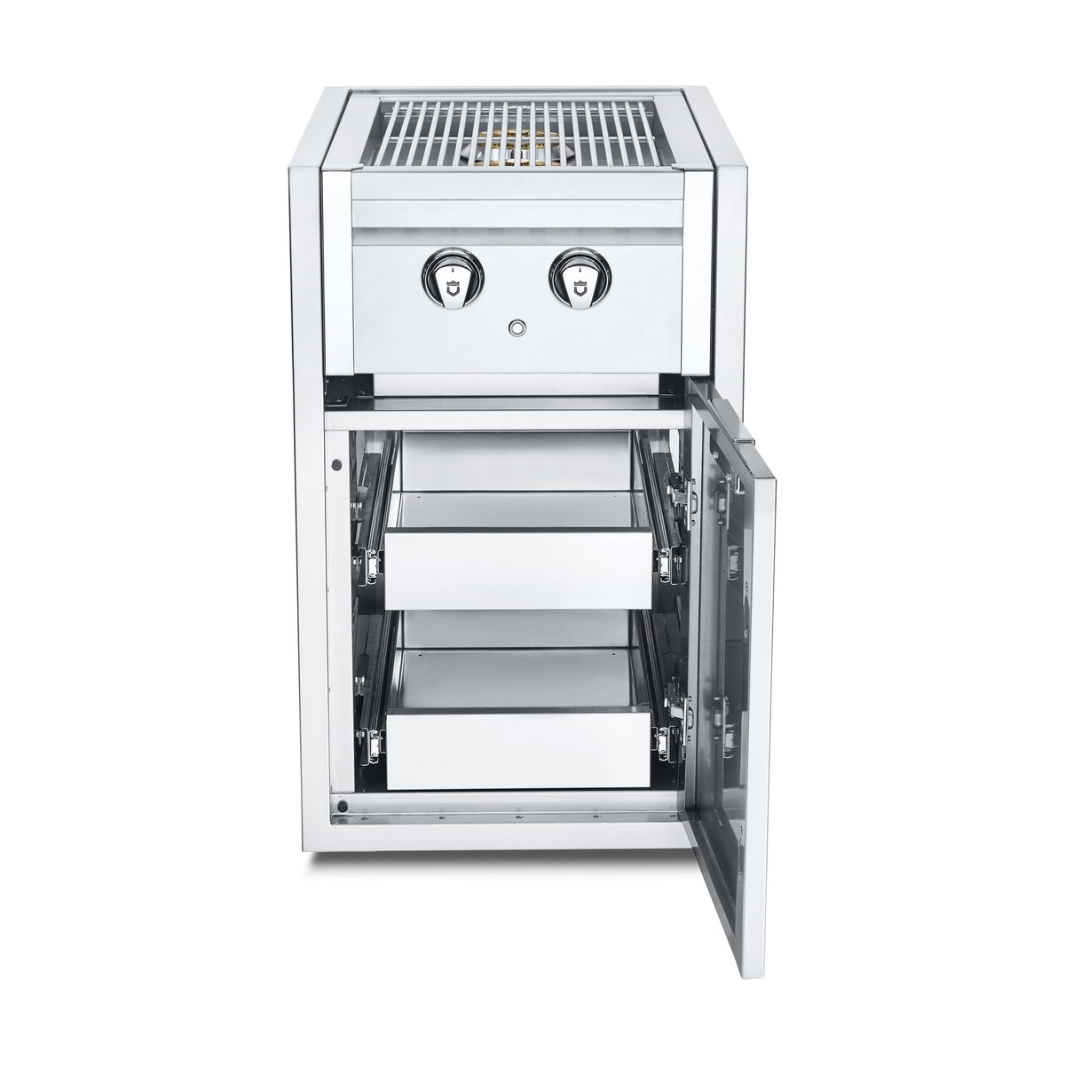 Crown Verity built-in side burner cabinet with two drawers, door open
