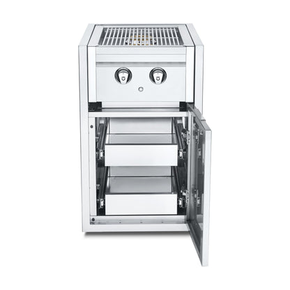 Crown Verity built-in side burner cabinet with two drawers, door open