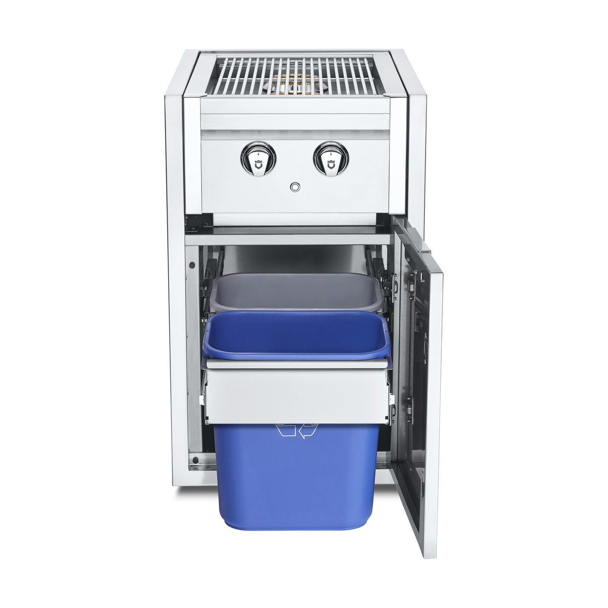 Crown Verity built-in side burner cabinet with garbage holder, door open
