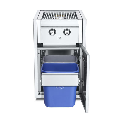 Crown Verity built-in side burner cabinet with garbage holder, door open