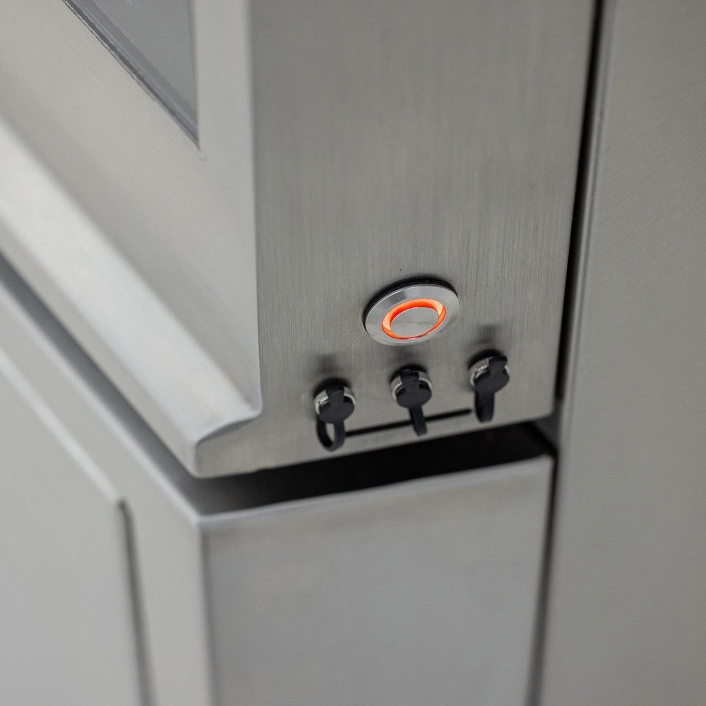 Power switch and three meat-probe ports on the Blaze LTE PRO gas griddle