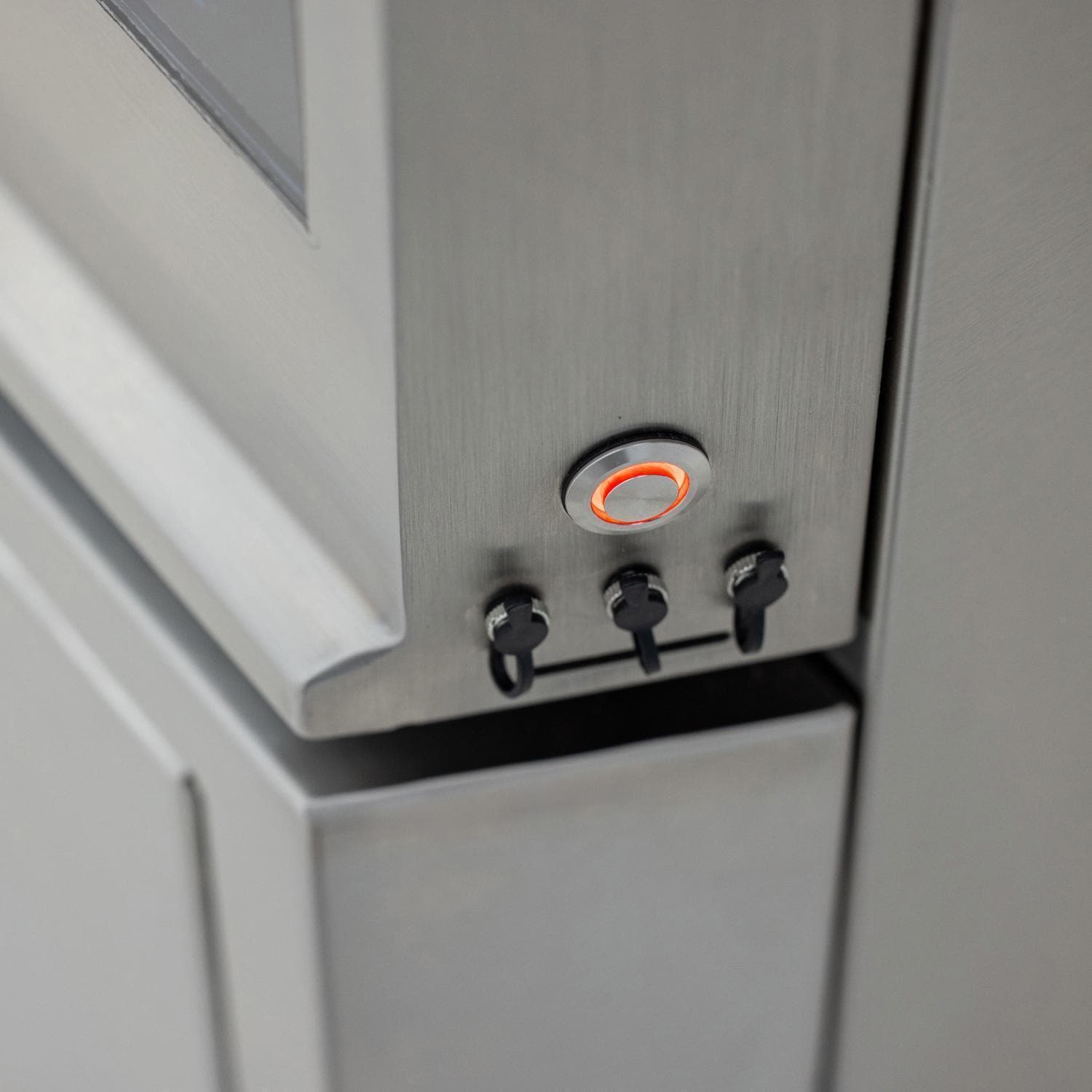 Power switch and three meat-probe ports on the Blaze LTE PRO gas griddle