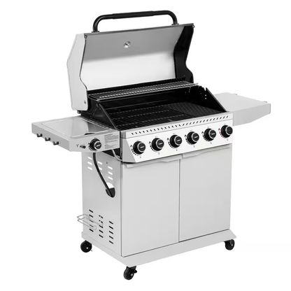 6-Burner BBQ Liquid Propane Gas Grill, with Sear Burner and Side Burner, Stainless Steel and Foldable Side Shelf, White