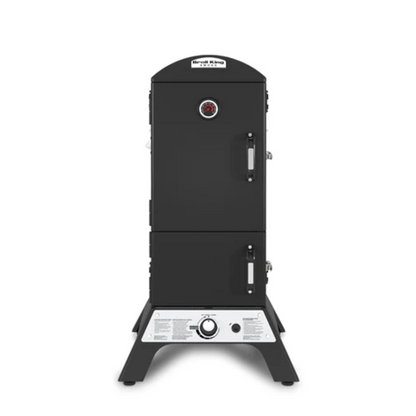 A black vertical tabletop smoker grill with a two-door design and a silver control panel on a white background.