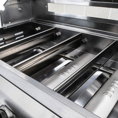 Cast stainless steel burners inside the Blaze LTE+ Marine Grade grill