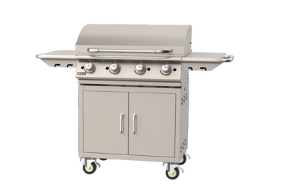 Angled view of Bull 30-inch freestanding propane griddle with closed hood and side shelves