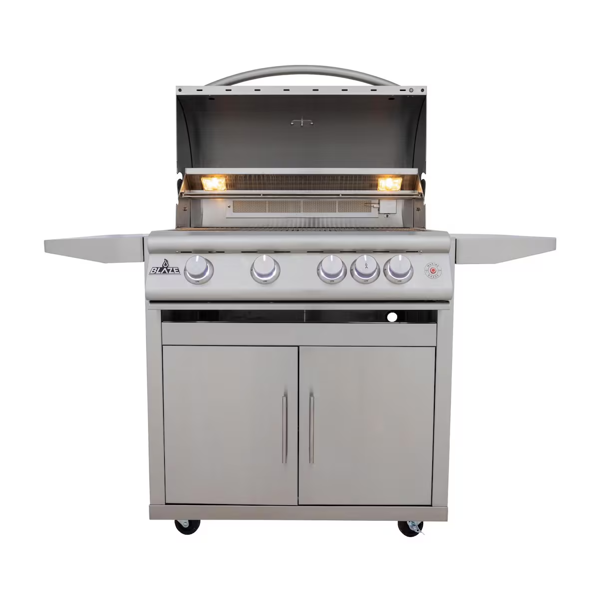 Blaze LTE+ Marine Grade 32-inch freestanding gas grill with open hood and interior lights
