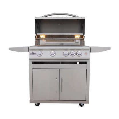 Blaze LTE+ Marine Grade 32-inch freestanding gas grill with open hood and interior lights