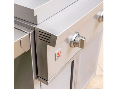 Angled view of the Summerset Griddle Pro stainless steel control panel and side shelf