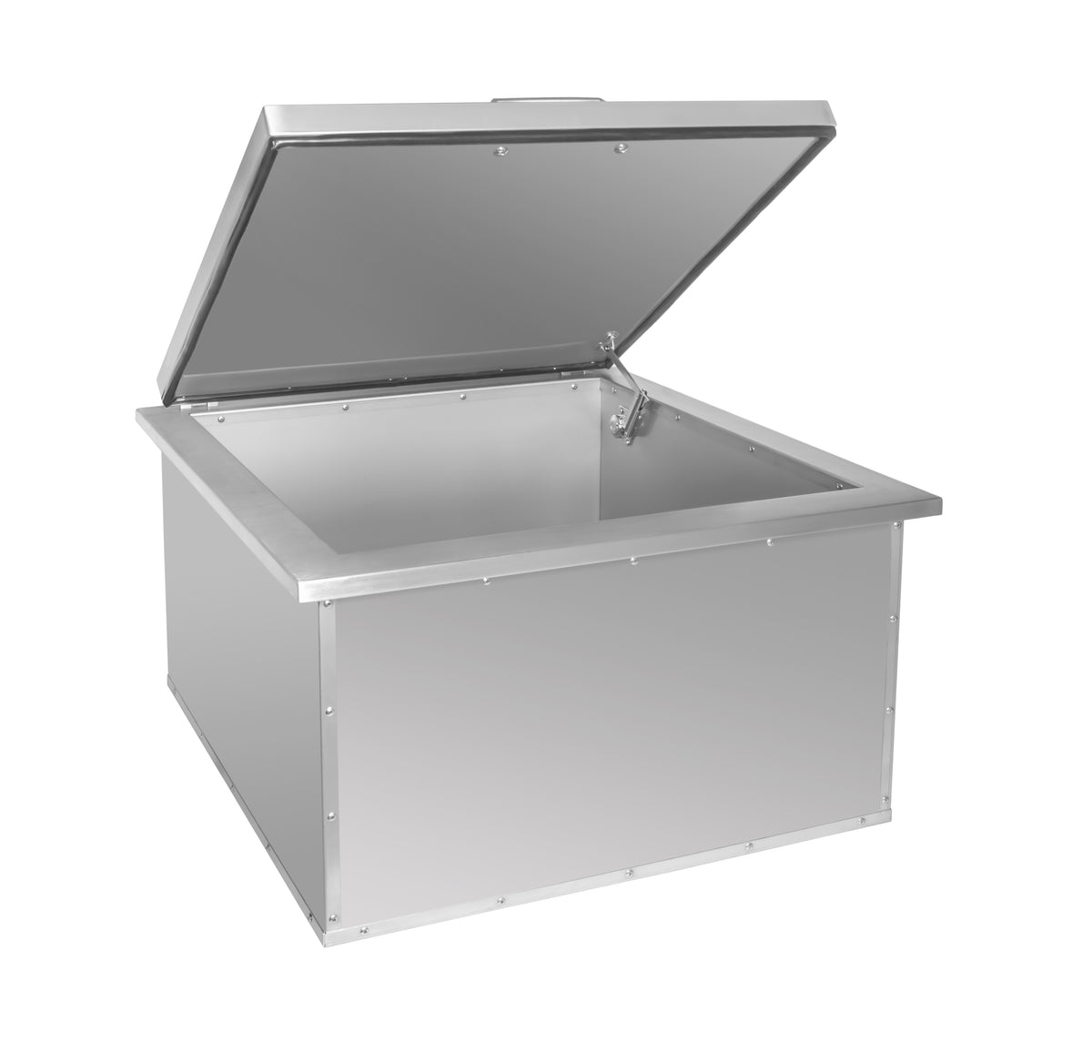Wildfire small built-in ice chest in stainless steel with lid open