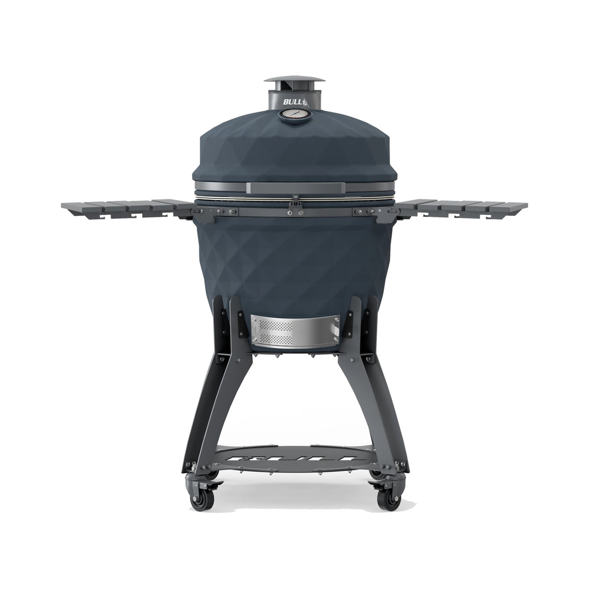 Bull Blackhorn 24-inch ceramic kamado grill on cart with side shelves up