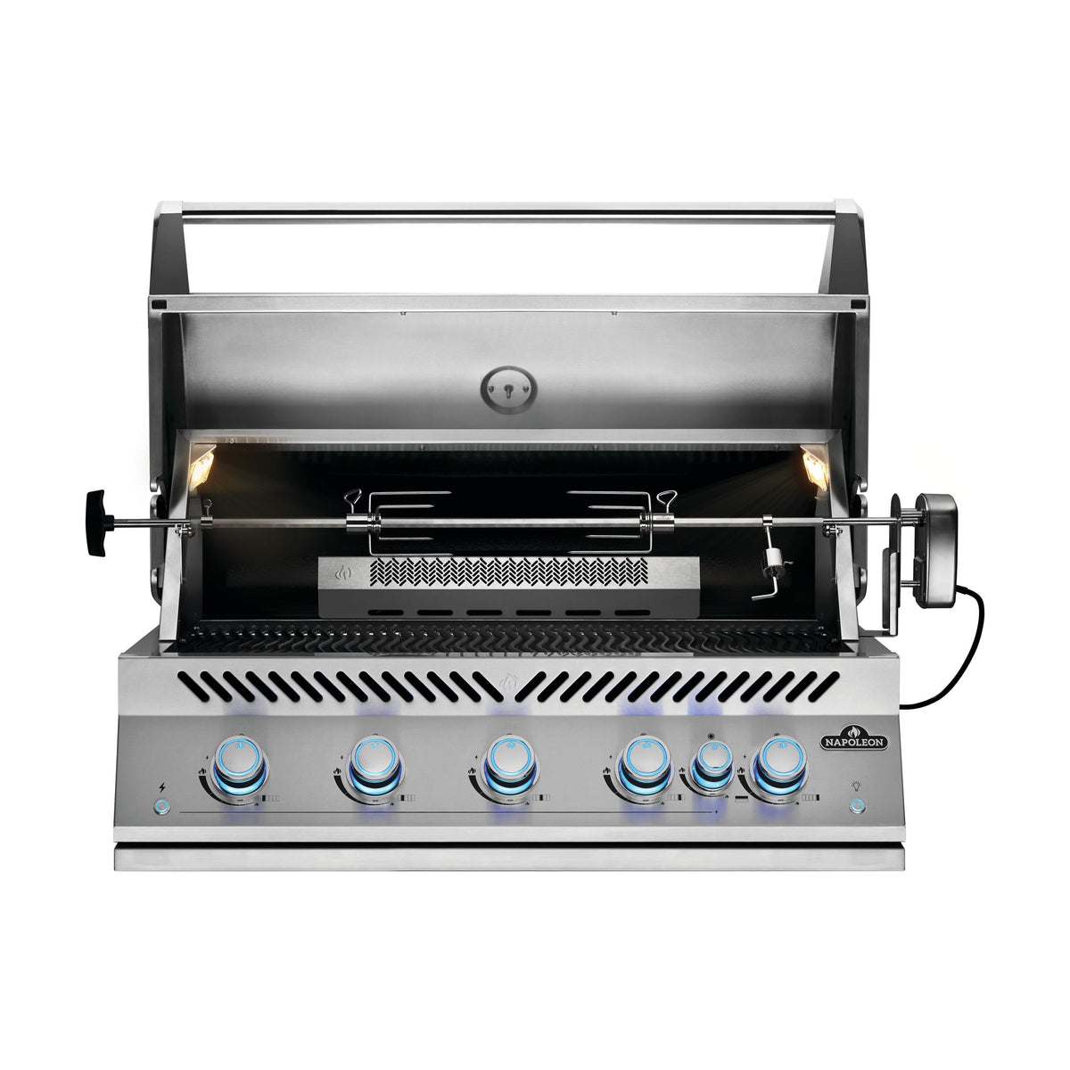 Napoleon Built-In 700 Series 38-inch gas grill, lid open with rotisserie