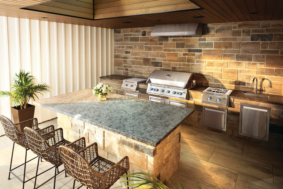 Napoleon Built-In 700 Series 44-inch gas grill installed in an outdoor kitchen island