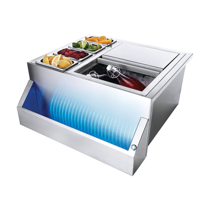 Napoleon Built-In Multi-Functional Beverage Center, angled view with LED bar trough lit and basins filled