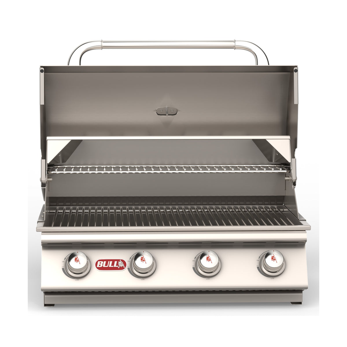 Bull Outlaw 30-inch built-in gas grill, lid open, straight-on view