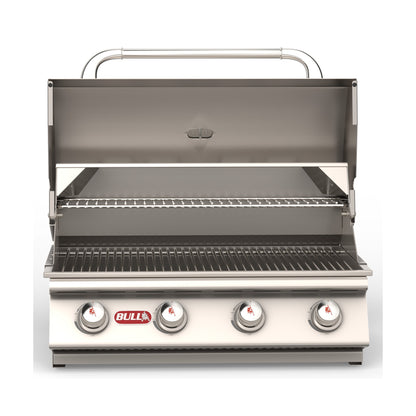 Bull Outlaw 30-inch built-in gas grill, lid open, straight-on view