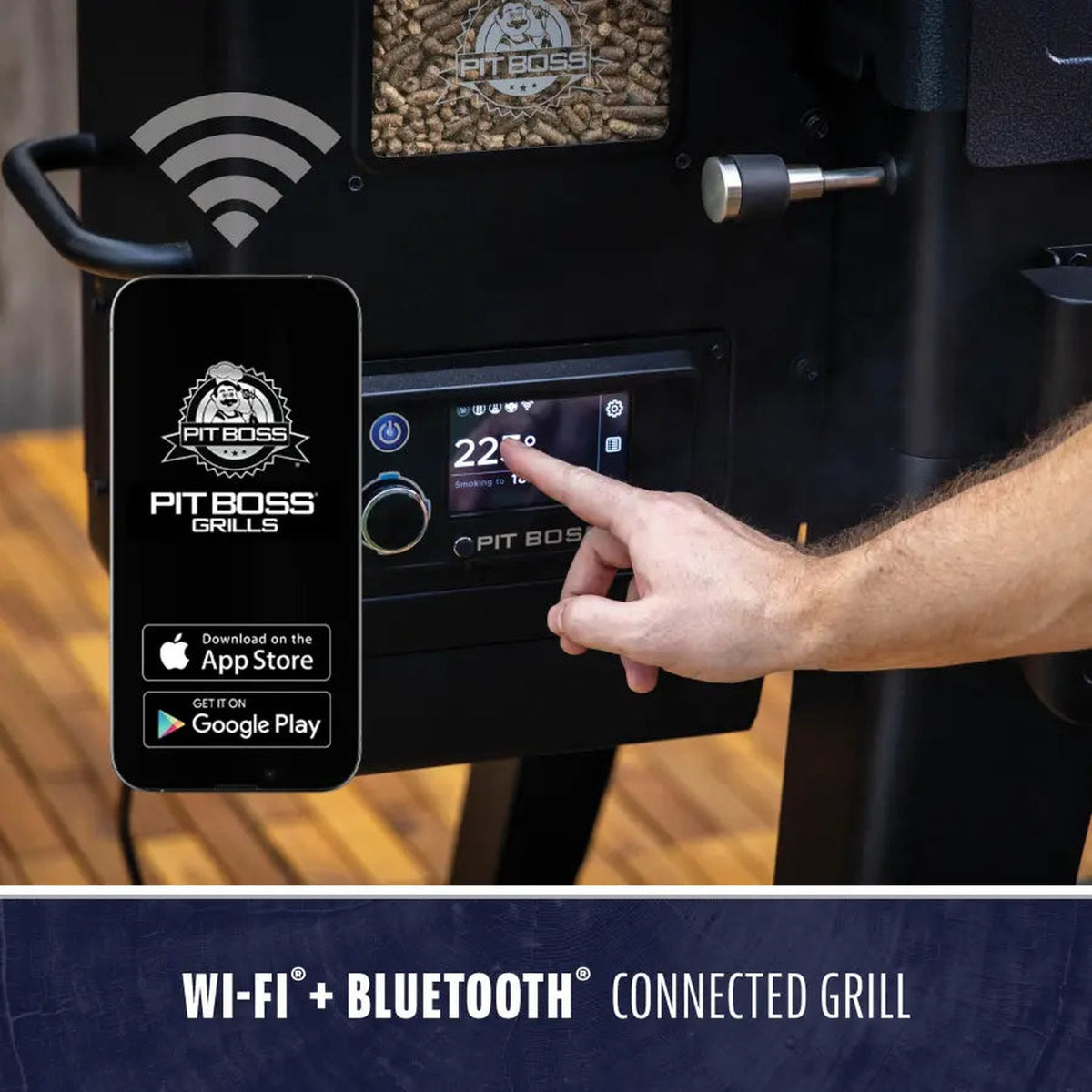 Pit Boss Grills app on a phone next to the Navigator 1600 Wi-Fi and Bluetooth controller