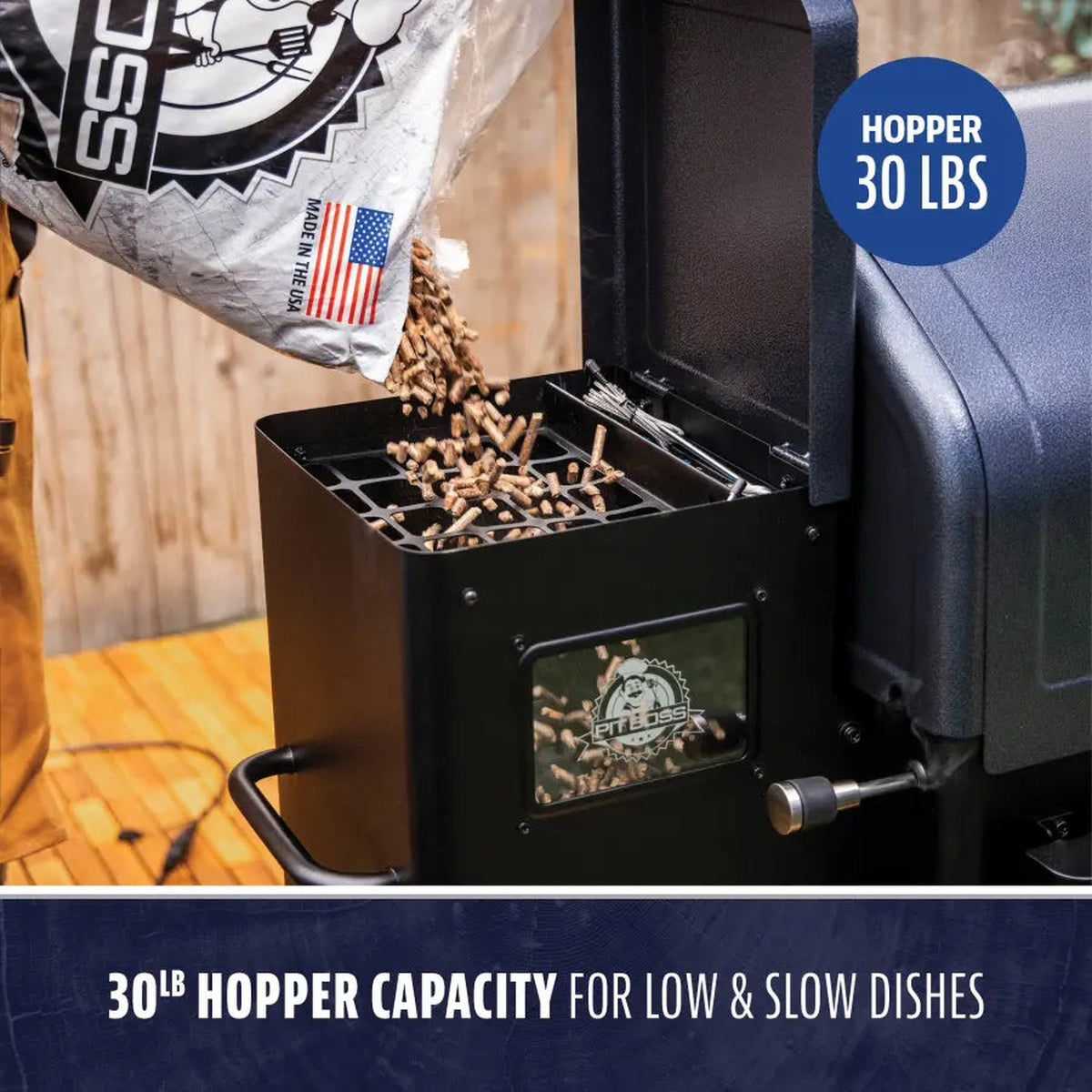 Pellets loading into the Pit Boss Navigator 1600's 30 lb. hopper