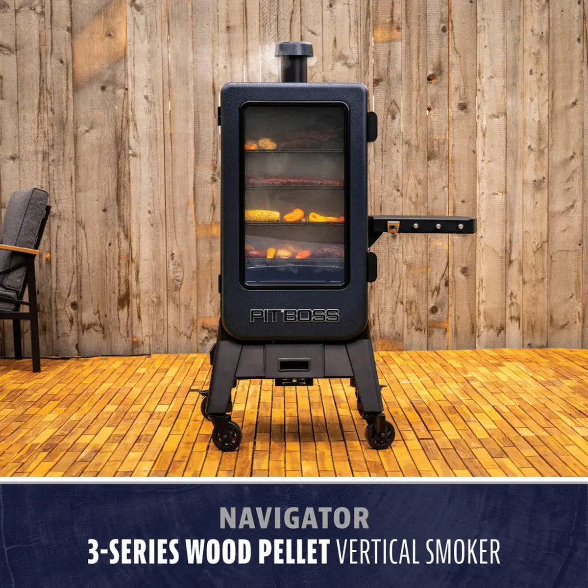 Pit Boss Navigator 3-Series vertical pellet smoker on a backyard deck