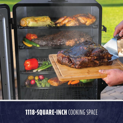 Food on the racks of the Pit Boss Navigator 3-Series, 1,118 square inches of cooking space
