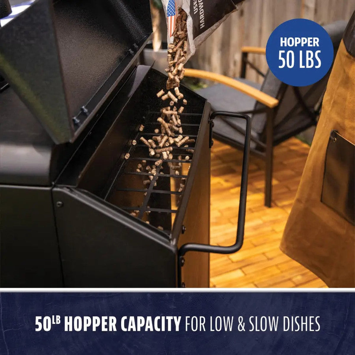 Pellets loading into the Pit Boss Navigator 3-Series 50 lb. hopper