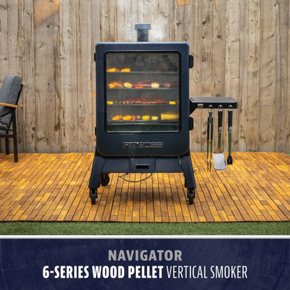 Pit Boss Navigator 6-Series vertical pellet smoker on a backyard deck