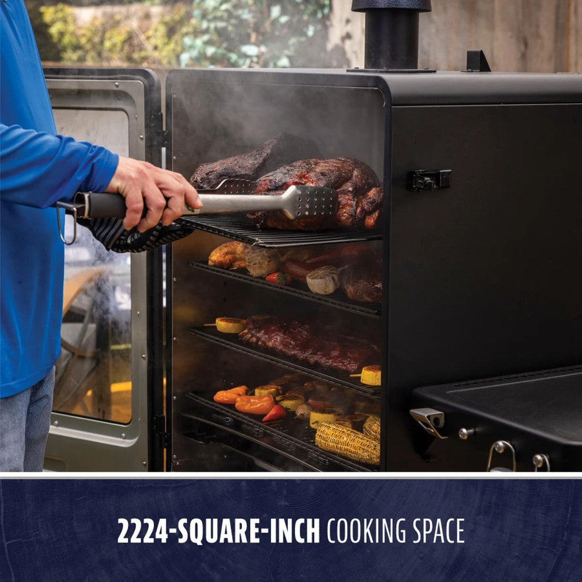Food on the racks of the Pit Boss Navigator 6-Series, 2,224 square inches of cooking space