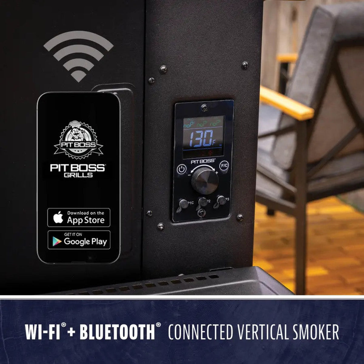 Pit Boss Grills app on a phone next to the Navigator 6-Series controller