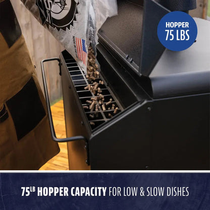 Pellets loading into the Pit Boss Navigator 6-Series 75 lb. hopper