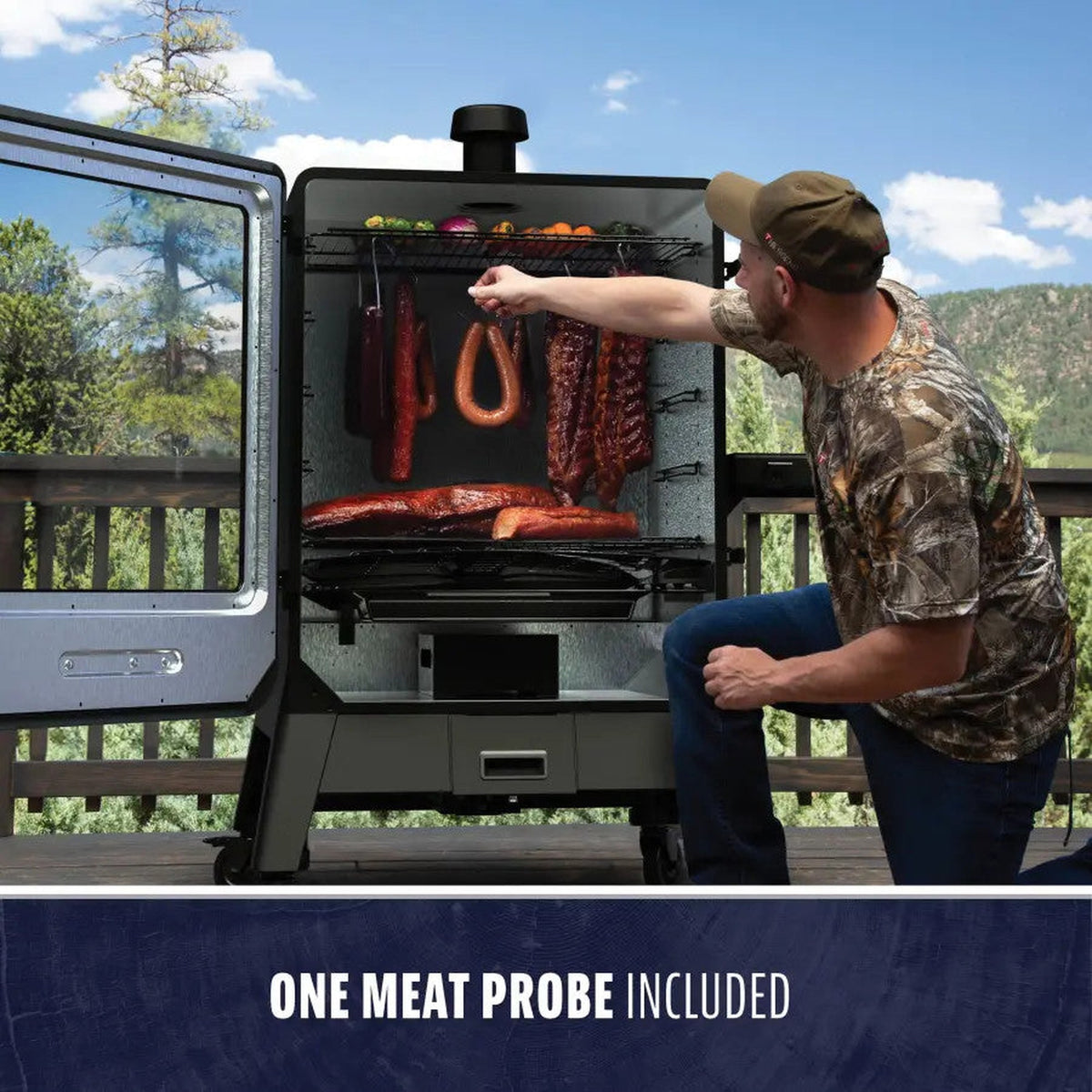 Hanging sausages and ribs in the Pit Boss Navigator 6-Series vertical smoker