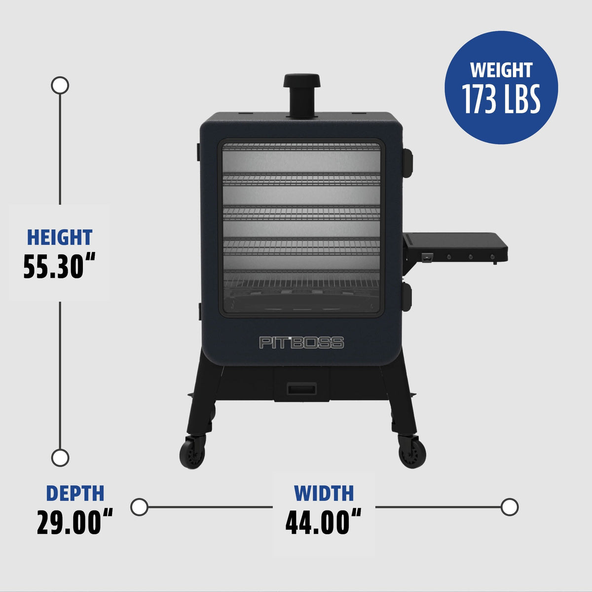 Pit Boss Navigator 6-Series dimensions: 55.3 in. high, 44 in. wide, 29 in. deep, 173 lb.