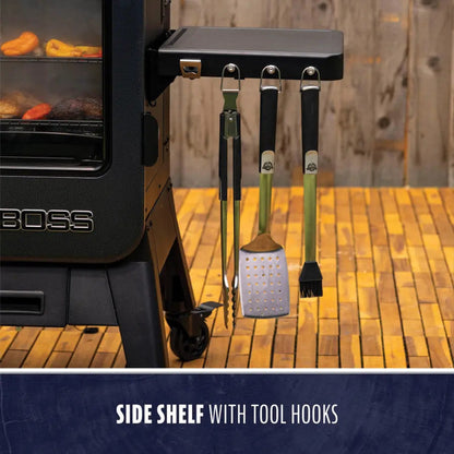 Pit Boss Navigator 6-Series side shelf with tool hooks