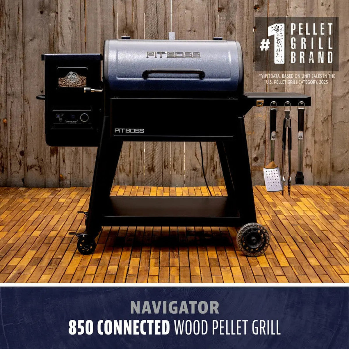 Pit Boss Navigator 850 wood pellet grill on a backyard patio