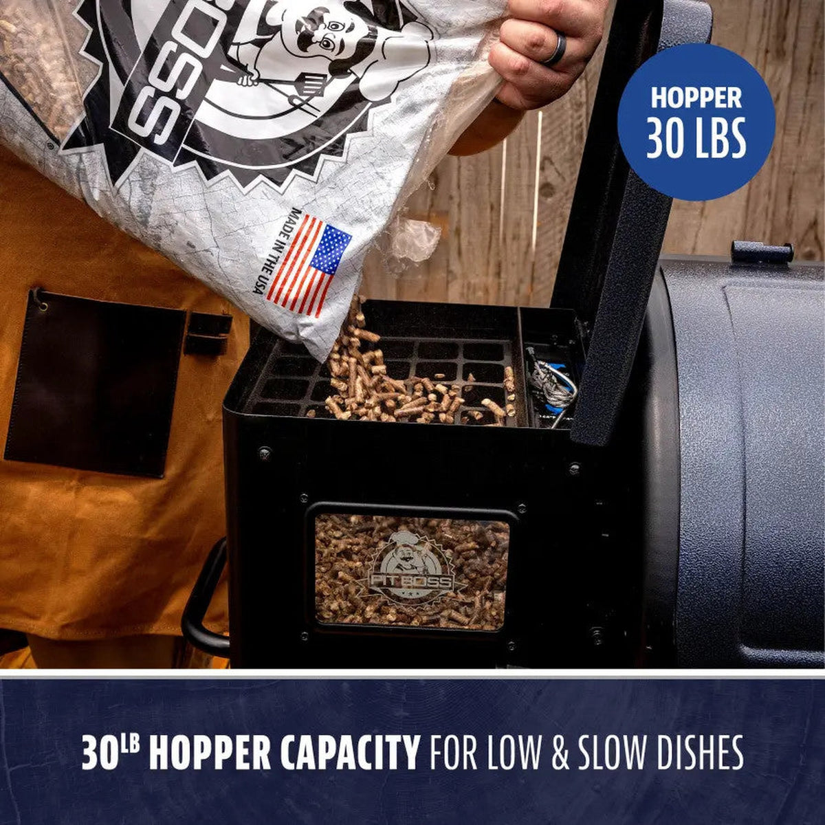 Pellets loading into the Pit Boss Navigator 850's 30 lb. hopper