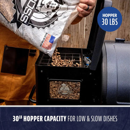 Pellets loading into the Pit Boss Navigator 850's 30 lb. hopper