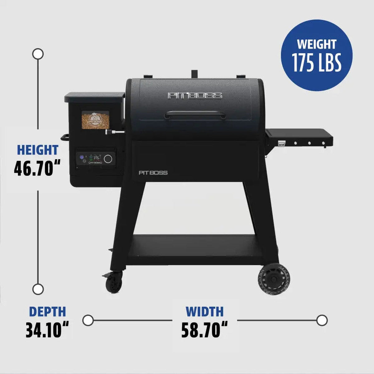 Pit Boss Navigator 850 dimensions: 46.7 in. high, 58.7 in. wide, 34.1 in. deep, 175 lb.