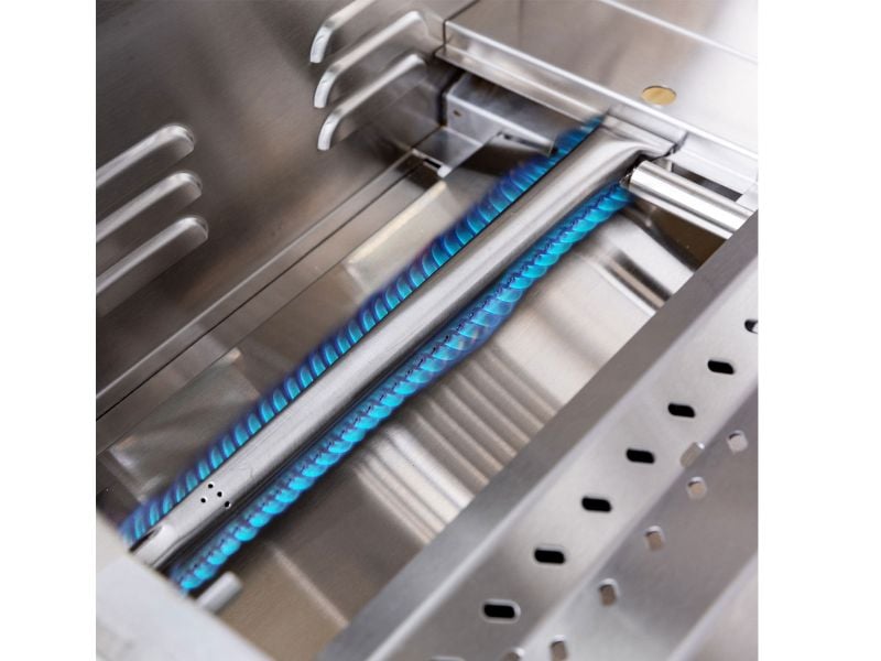 Blue flame from a stainless steel U-tube burner in a Summerset TRL Pro gas grill