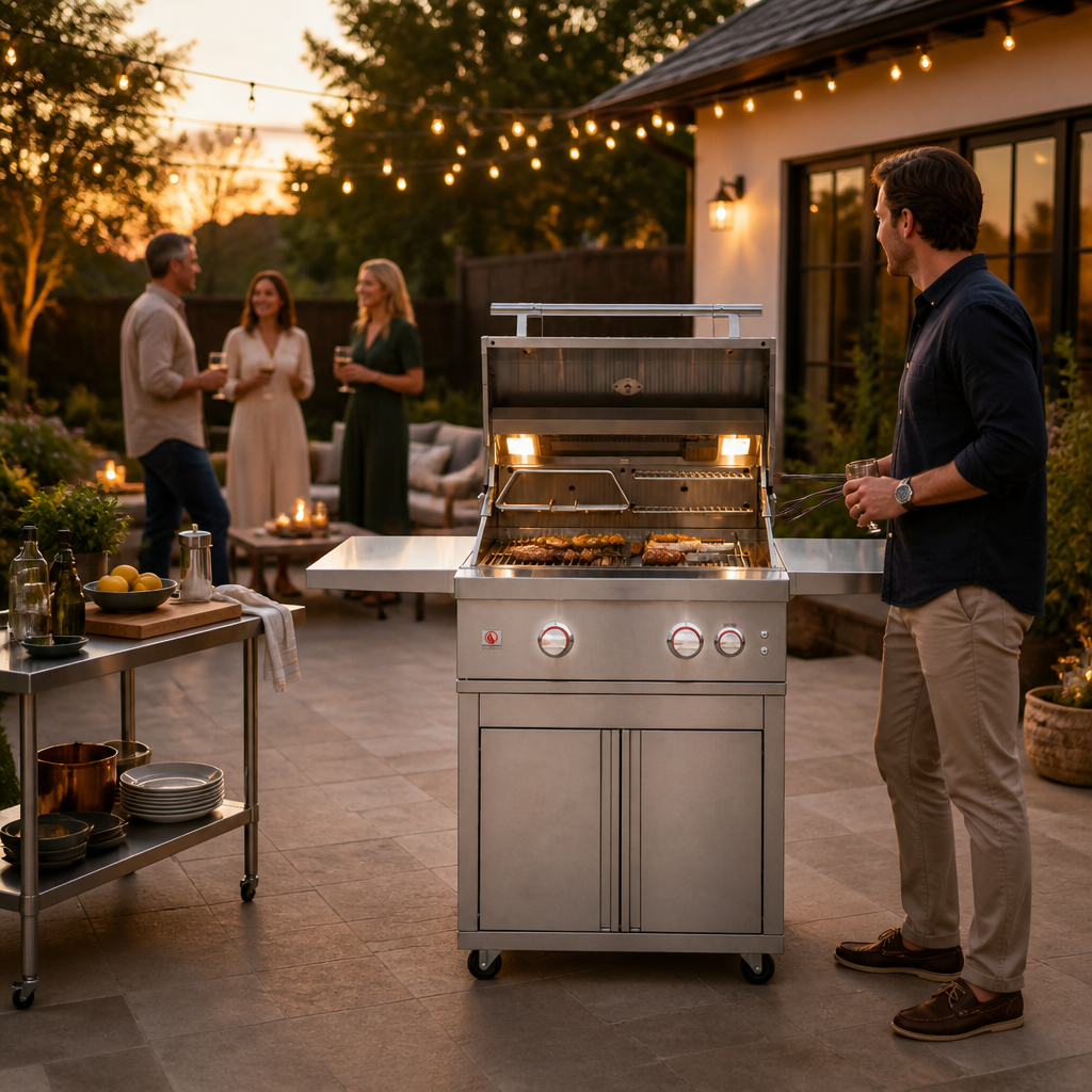 Summerset Quest 30-inch freestanding gas grill being used for backyard entertaining