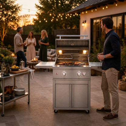 Summerset Quest 30-inch freestanding gas grill being used for backyard entertaining