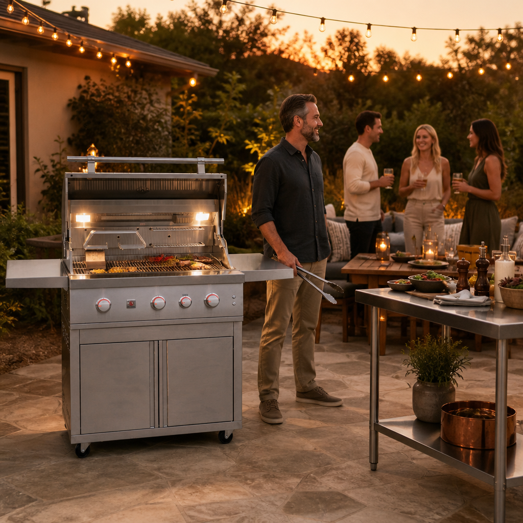 Summerset Quest 36-inch freestanding gas grill in use during a backyard dinner gathering