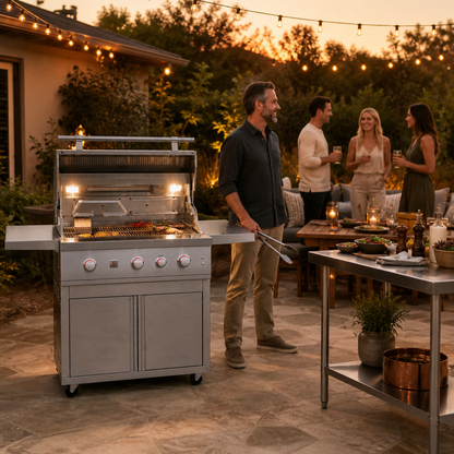 Summerset Quest 36-inch freestanding gas grill in use during a backyard dinner gathering