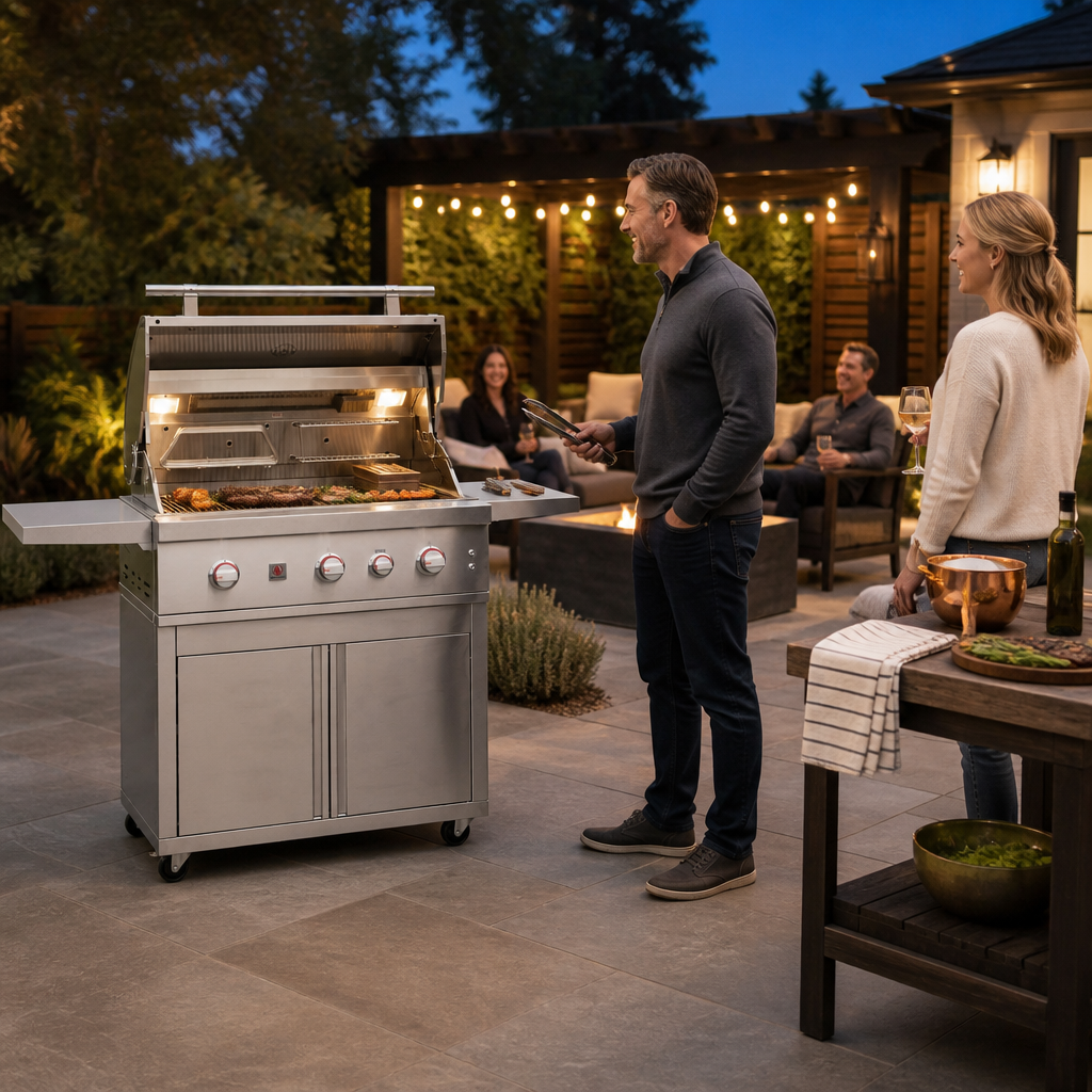 Summerset Quest 36-inch freestanding gas grill at an evening backyard gathering