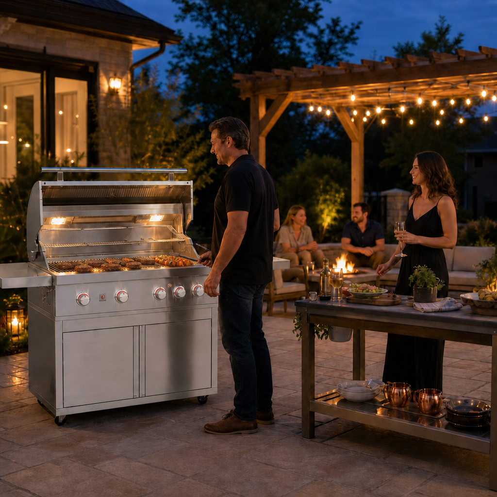 Summerset Quest 42-inch freestanding gas grill at an evening backyard gathering