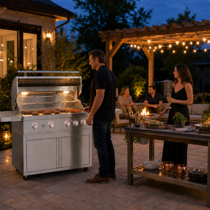 Summerset Quest 42-inch freestanding gas grill at an evening backyard gathering