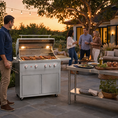 Summerset Quest 42-inch freestanding gas grill at a sunset backyard gathering