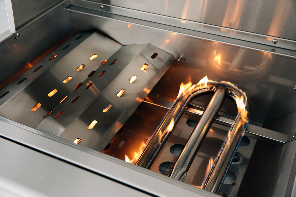 Summerset Resort 30-Inch 2-Burner Built-In Gas Grill – lit burner with flame tamer