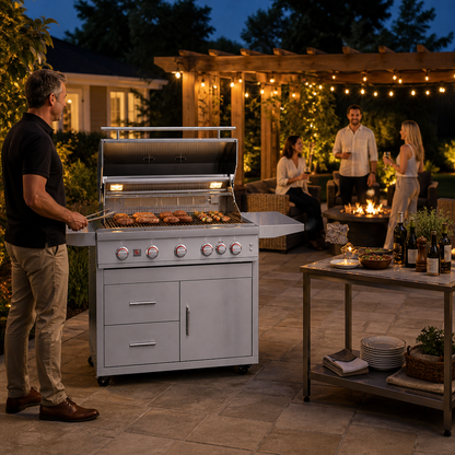Summerset Sizzler Pro 40-inch freestanding gas grill being used for evening backyard entertaining