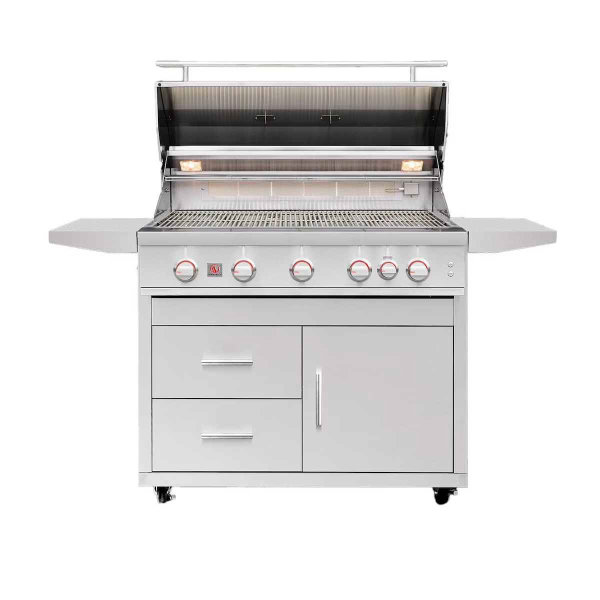Open Summerset Sizzler Pro 40-inch freestanding gas grill on a deluxe cart, showing stainless steel grates and interior lights