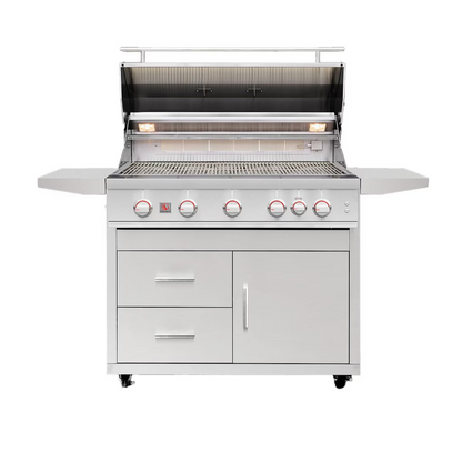 Open Summerset Sizzler Pro 40-inch freestanding gas grill on a deluxe cart, showing stainless steel grates and interior lights